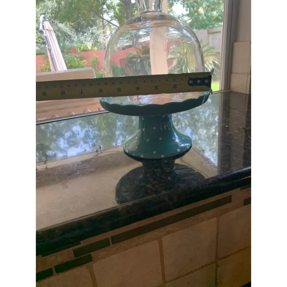 Pioneer Woman Flea Market Mini Cake Stand with Glass Dome Cover Teal Pedestal